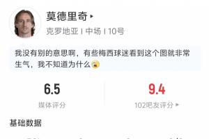莫德里奇半场表现：传球成功17次，成功率82.4%，解围1次，抢断1次，夺回球权2次